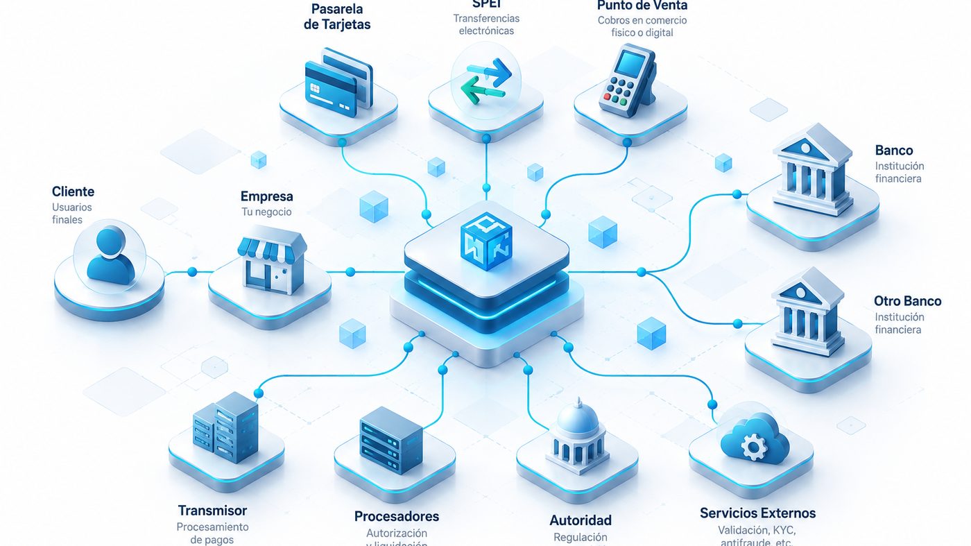 Ilustración isométrica de ecosistema fintech: plataforma central, transferencias, procesamiento, conciliación y seguridad, sin logos institucionales