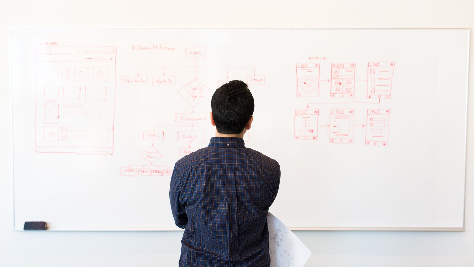Arquitecto revisando flujos y diagramas en pizarra de planificacion
